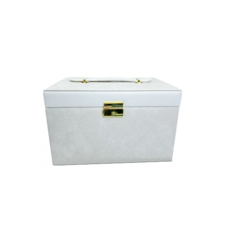 Cutie bijuterii Marbella,3 sertare, spatii organizare, cu oglinda,piele ecologica, alb fildes, 26x18x17 cm [5]