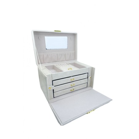 Cutie bijuterii Marbella,3 sertare, spatii organizare, cu oglinda,piele ecologica, alb fildes, 26x18x17 cm [4]