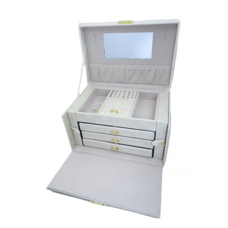 Cutie bijuterii Marbella,3 sertare, spatii organizare, cu oglinda,piele ecologica, alb fildes, 26x18x17 cm [2]