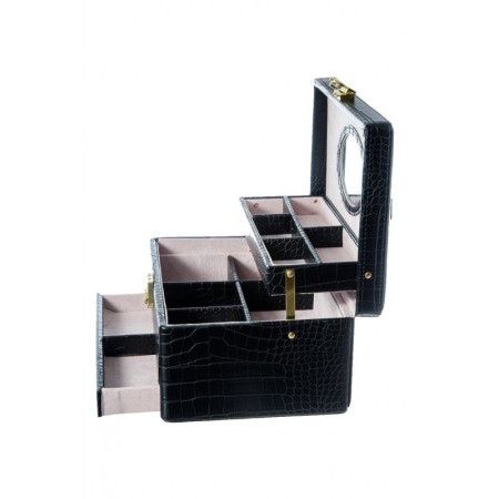 Cutie de bijuterii Black Moon, din piele ecologica tip croco, 3 niveluri, eleganta, compartimentata,contine oglinda interioara o [3]