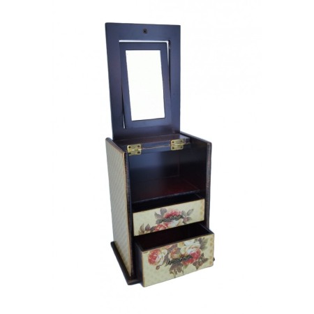 Organizatoare pentru ceasuri si bijuterii - Cutie de bijuterii din lemn de calitate, culoare galbena cu tradafiri, contine sertare pentru bijuterii si oglinda,22 cm inaltim
