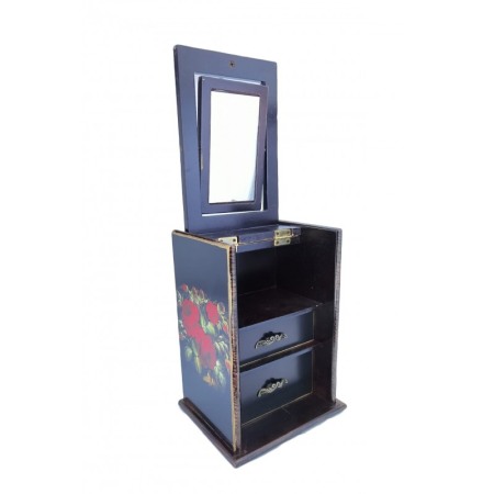 Organizatoare pentru ceasuri si bijuterii - Cutie de bijuterii din lemn de calitate, culoare neagra cu tradafiri, contine sertare pentru bijuterii si oglinda,22 cm inaltime