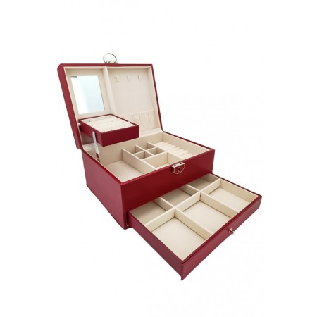 Organizatoare pentru ceasuri si bijuterii - Cutie de bijuterii din piele ecologica, eleganta, cu sertar , 23 cm , rosu , doty