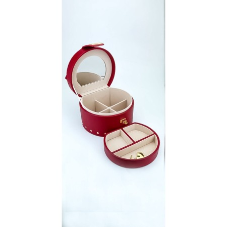 Cutie de bijuterii din piele ecologica, eleganta,ovala,compartimentata,stil cufar, contine lacat si cheie, culoare rosie, doty [2]