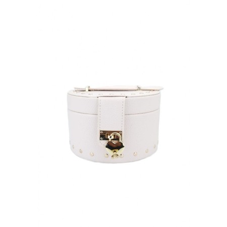 Organizatoare pentru ceasuri si bijuterii - Cutie de bijuterii din piele ecologica, eleganta,ovala,stil cufar, contine lacat si cheie, culoare crem, doty