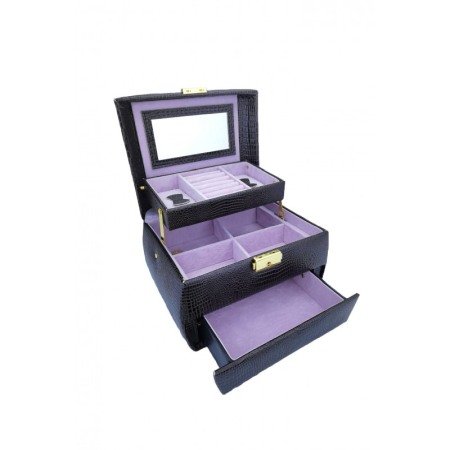 Organizatoare pentru ceasuri si bijuterii - Cutie de bijuterii din piele ecologica tip croco, eleganta, compartimentata pe 3 nivele,contine si cheita, maro, doty