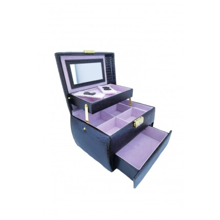 Organizatoare pentru ceasuri si bijuterii - Cutie de bijuterii din piele ecologica tip croco, eleganta, compartimentata pe 3 nivele,contine si cheita, negru, doty