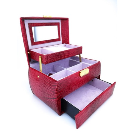 Cutie de bijuterii din piele ecologica tip croco, eleganta, compartimentata pe 3 nivele,contine si cheita, rosu, doty [0]