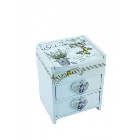 Organizatoare pentru ceasuri si bijuterii - Cutie de bijuterii  Provence ,alba din lemn , cu capac ,model lavanda si fluture, 15 cm, Doty