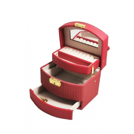 Cadouri unice - Cutie de bijuterii Scarlet Tresure Doty®, cu oglinda, sertare, cu cheita, Piele ecologica stil Croco Culoare rosu mat, 15x15 cm