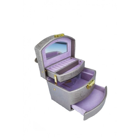 Organizatoare pentru ceasuri si bijuterii - Cutie de bijuterii Secret Rose din piele ecologica sidefata, eleganta,stil cufar, contine cheie,detalii trandafiri, culoare bej,