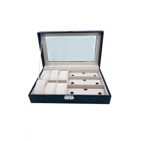 CUTII SI ORGANIZATORE - Cutie depozitare 2 in 1, pentru ceasuri si ochelari, piele ecologica de tip croco, negru, 33x20x9 cm,Doty®️