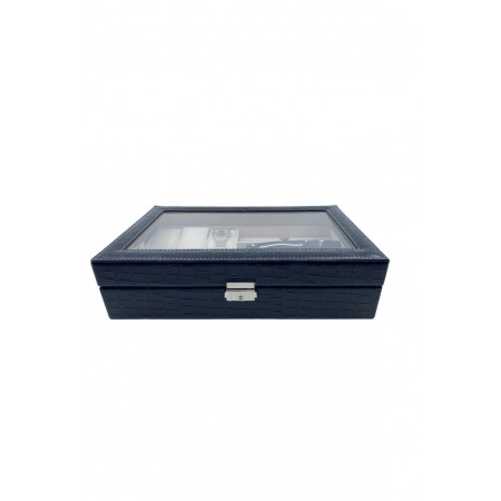 Cutie depozitare 2 in 1, pentru ceasuri si ochelari, piele ecologica de tip croco, negru, 33x20x9 cm,Doty®️ [2]