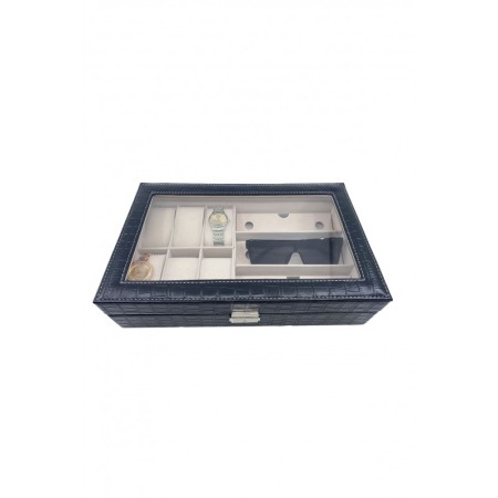 Cutie depozitare 2 in 1, pentru ceasuri si ochelari, piele ecologica de tip croco, negru, 33x20x9 cm,Doty®️ [1]