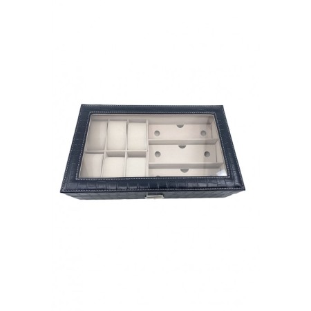 Cutie depozitare 2 in 1, pentru ceasuri si ochelari, piele ecologica de tip croco, negru, 33x20x9 cm,Doty®️ [3]