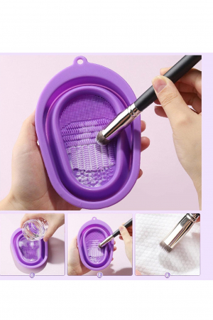 Aparate & Accesorii ingrijire personala - Dispozitiv manual de curatare pensule de machiaj BrushCleaner Basin Doty®, din silicon, cu 4 tipuri de striatii, tip cadita, portabil, pliabil, 15x10, mov