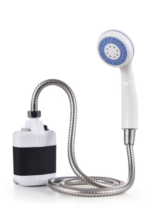 FUN GADGET - Dus portabil NomadFlow Doty®, reincarcabil, incarcare USB, cu ventuza si carlig pentru camping, gradina, exterior, furtun 1.5m, compact, USB, 2200mAh, alb/albastru