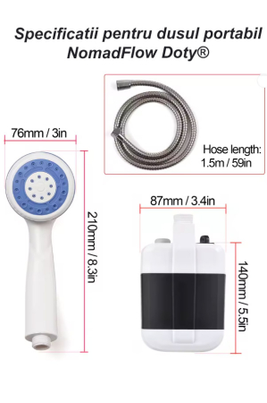 Dus portabil NomadFlow Doty®, reincarcabil, incarcare USB, cu ventuza si carlig pentru camping, gradina, exterior, furtun 1.5m, compact, USB, 2200mAh, alb/albastru [8]