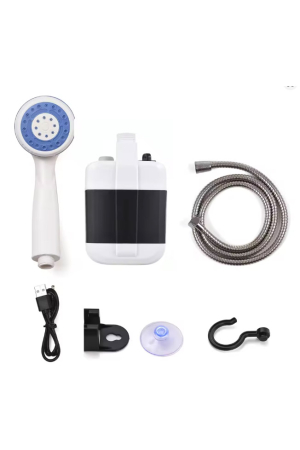 Dus portabil NomadFlow Doty®, reincarcabil, incarcare USB, cu ventuza si carlig pentru camping, gradina, exterior, furtun 1.5m, compact, USB, 2200mAh, alb/albastru [2]