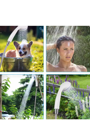 Dus portabil NomadFlow Doty®, reincarcabil, incarcare USB, cu ventuza si carlig pentru camping, gradina, exterior, furtun 1.5m, compact, USB, 2200mAh, alb/albastru [3]