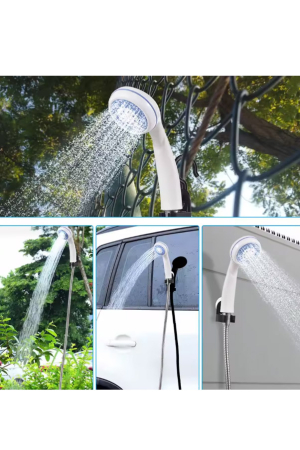 Dus portabil NomadFlow Doty®, reincarcabil, incarcare USB, cu ventuza si carlig pentru camping, gradina, exterior, furtun 1.5m, compact, USB, 2200mAh, alb/albastru [4]