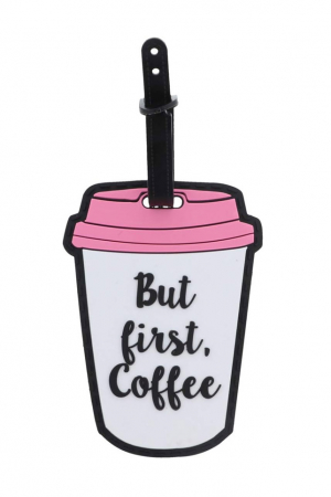 FUN GADGET - Eticheta pentru identificare bagaj TagMe Doty®, design creativ, model pahar de cafea, prindere sigura, 10x7 cm, silicon, alb/roz