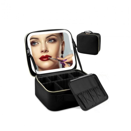 Oglinzi cosmetice - Geanta cosmetica AlwaysBeauty Doty®, cu oglinda inclusa, compartimentata, inchidere fermoar, 26x23 cm, negru