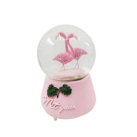 Glob de sticla cu apa si zapada FlamingoEffect, cu efecte sonore, design creativ, functioneaza cu baterii, 15x11 cm, roz [0]