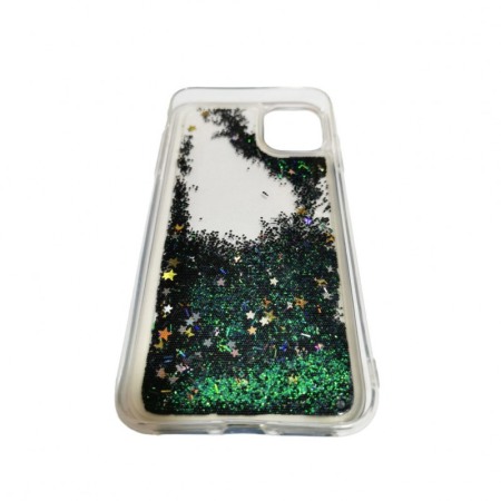 Husa compatibila cu iPhone 11 Wavy Glitter, 6.1 inch, liquid silicone, margini intarite si iesite in relief, negru/verde [3]