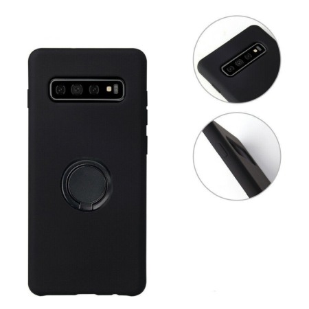 Husa pentru Samsung  Galaxy S10  , Negru, Suport tip Inel,captusita cu microfibra, Liquid Silicone [2]