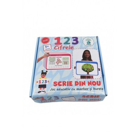 Joc de excercitii ,,Scrie din nou", model cu cifre, 18 tablite cu 2 fete, marker lavabil si burete de sters, 16x11 cm, Doty®️ [2]