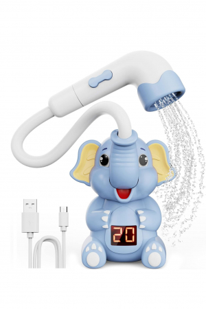 Pentru bebe si copii - Jucarie de baie electrica tip para de dus BathElephant Shower Doty®, distractiva, design elefant, cu termomentru electronic, buton ON/OFF, USB inclus, baby blue