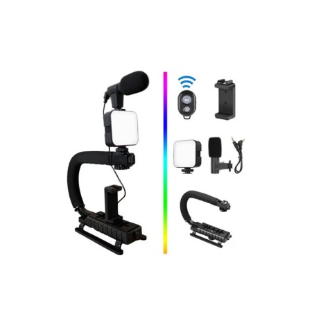 Kit cu stabilizator pentru telefon/aparat foto VideoPro Doty®, Vlogging/Podcast, trepied, LED si microfon, negru [5]
