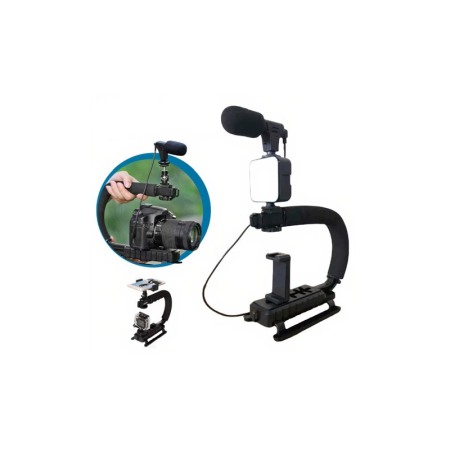 MULTI-TOOL - Kit cu stabilizator pentru telefon/aparat foto VideoPro Doty®, Vlogging/Podcast, trepied, LED si microfon, negru