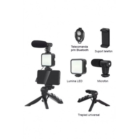Kit cu trepied reglabil pentru telefon/aparat foto StablePhone Doty®, vlogging/podcasturi, microfon, LED, telecomanda [3]