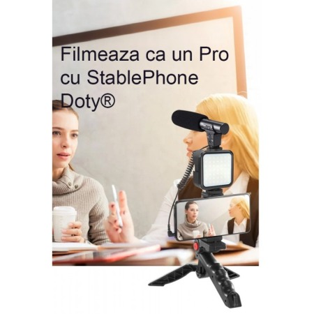 Kit cu trepied reglabil pentru telefon/aparat foto StablePhone Doty®, vlogging/podcasturi, microfon, LED, telecomanda [2]