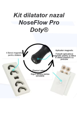 Acasa - Kit dilatator nazal NoseFlow Pro Doty®, antisforait, magnetic, imbunatatire respiratie, 30 plasturi magnetici nas si 4 aplicatoare de dimensiuni diferite, eficient, sigur, negru