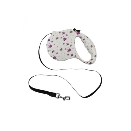 Lese și zgărzi pentru câini - Lesa retractabila PlushLeash Doty®, 5m, design creativ cu flori, perfect pentru animalele de companie de talie medie, alb/mov