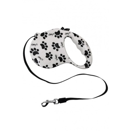 Lese și zgărzi pentru câini - Lesa retractabila PlushLeash Doty®, 5m, design creativ cu labute, perfect pentru animalele de companie de talie medie, alb/negru