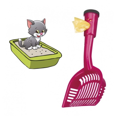 Lopatica pentru animale 2 in 1, cu suport pentru saculeti,  rola de 15 bucati inclusa,roz,doty [2]