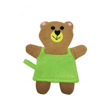 Pentru bebe si copii - Manusa de baie BearBath, forma urs, cu agatatoare, efect exfoliant, 24x19 cm, maro/verde, Doty®️