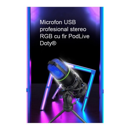 Microfon capacitiv USB PodLive Doty®,pentru streaming, cu trepied, pentru PC, sunet omnidirectional,negru/verde [2]