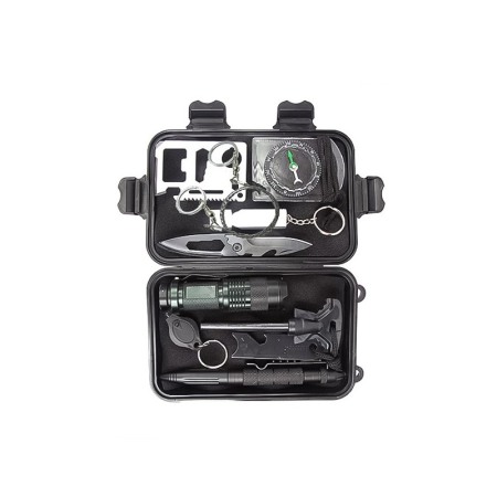 MULTI-TOOL - Mini Trusa de supravietuire Caution AllertKit Doty®, 10 piese incluse, pentru camping, drumetii sau aventuri in aer liber, negru