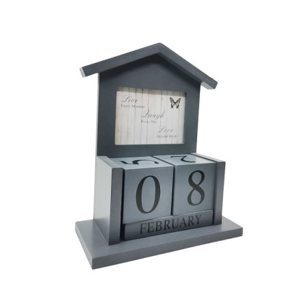 DECO - Obiect decorativ Little House, are calendar si mesaj inspirational inscripitionat, din lemn, 20x23x9 cm, gri, Doty®️