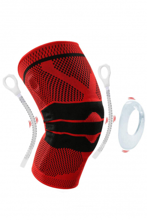 Articole Sanatate & Wellness - Orteza elastica ProFlex Knee Doty®, tip genunchiera, cu arcuire metalica si pernita din silicon pentru rotula, pentru activitati sportive, material compresiv si respirabil, marime universala, rosu/neg