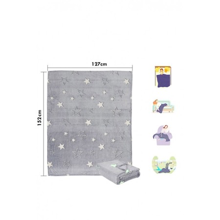 Patura pufoasa MagicBlanket Doty®, forforescenta, moale si confortabila, model cu stelute si semiluna, 152x127 cm, gri [2]