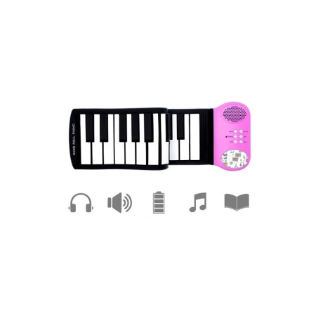 Jucarii & jocuri educative - Pian pentru copii RollUpMusic, flexibil si portabil cu 37 clape, 8 tonuri, 6 melodii demo, negru/roz, Doty®️