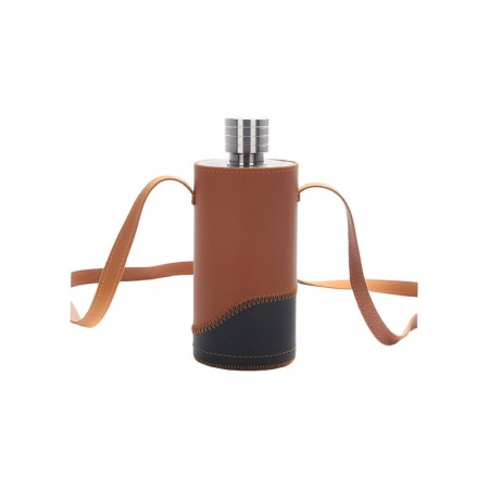 CADOURI SI SETURI - Plosca cilindrica OnMyWay Doty®, cu husa din piele ecologica cu bretele, maro/negru, 500 ml, 17x7 cm
