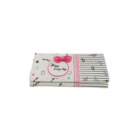 Cadouri unice - Portofel BowBunny, multiple compartimente, piele ecologica, prindere cu capsa, 18x10 cm, alb