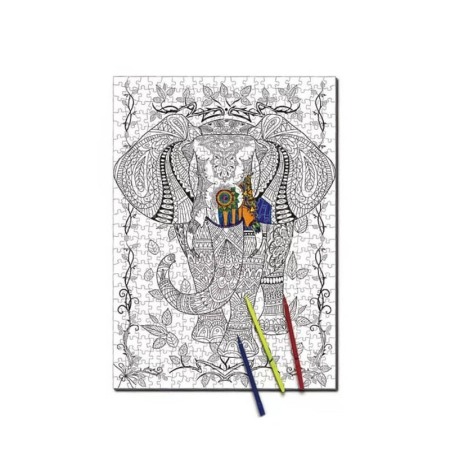 Acasa - Puzzle de colorat Colorful Elephant, 500 de piese, model elefant, 70x 50 cm, 6 carioci incluse, design tip mandala,stimuleaza cr